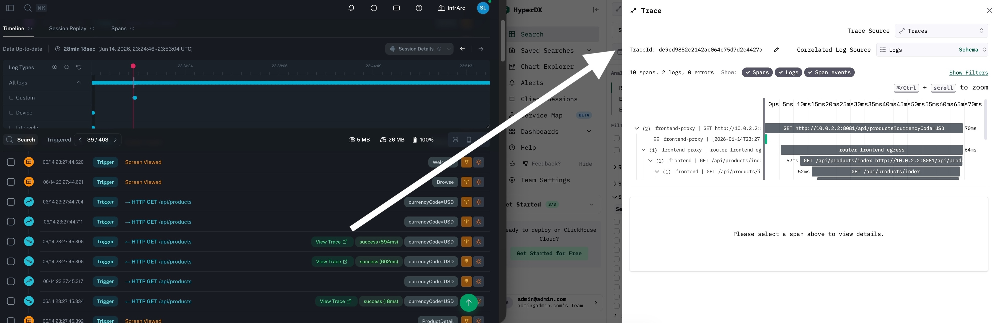 A bitdrift trace linking to a distributed trace in the ClickStack UI