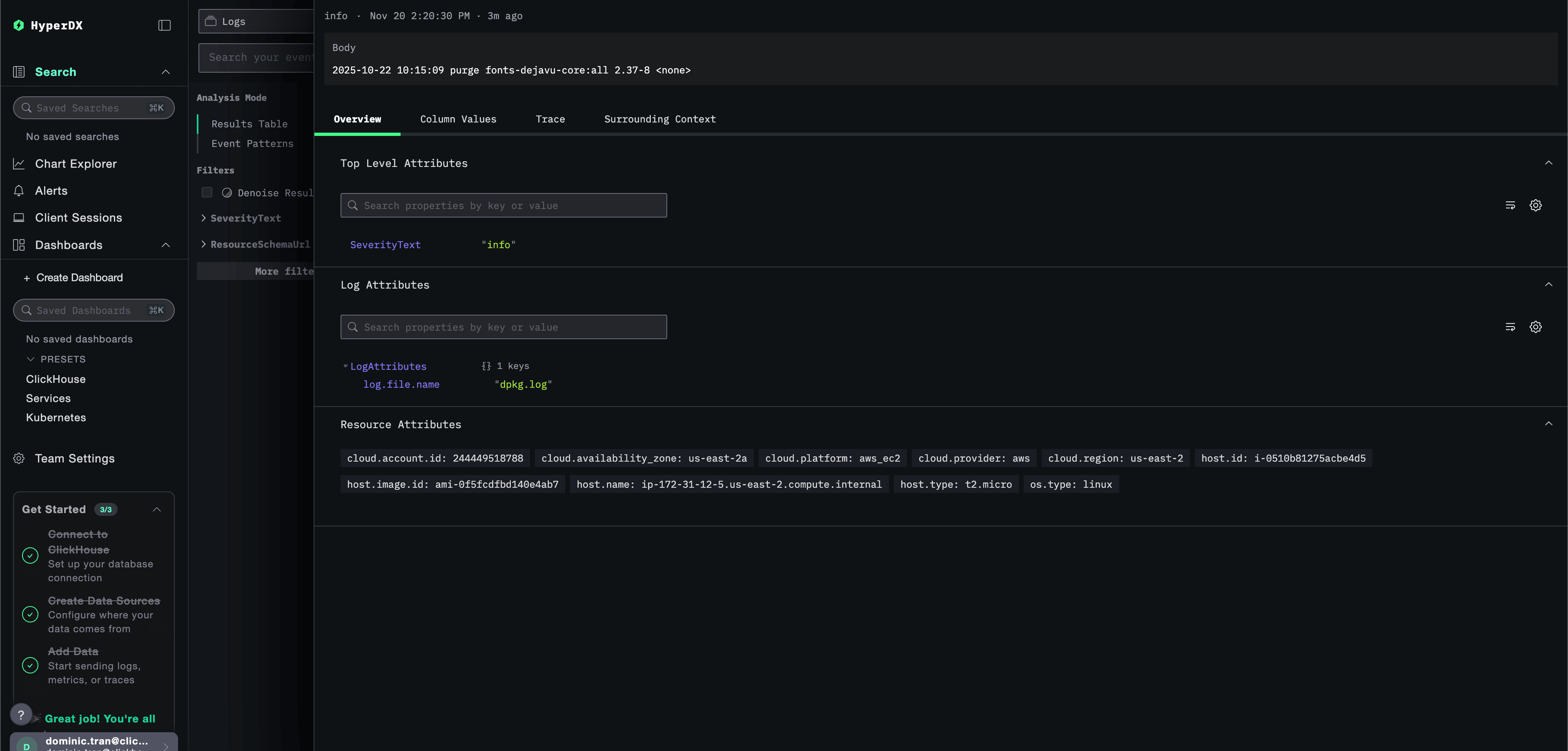 EC2 log detail showing metadata