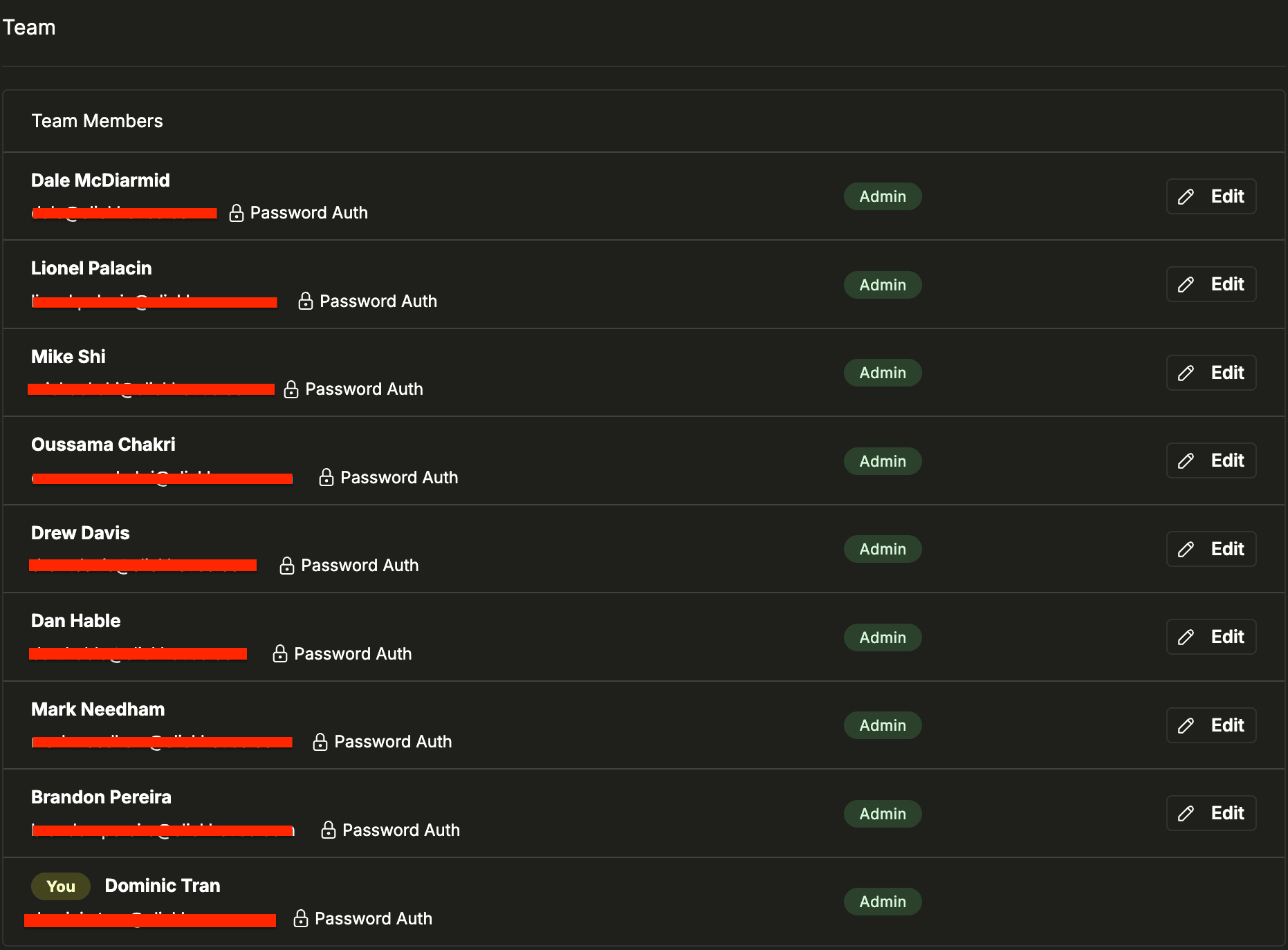 ClickStack Team Settings page showing team members and their roles