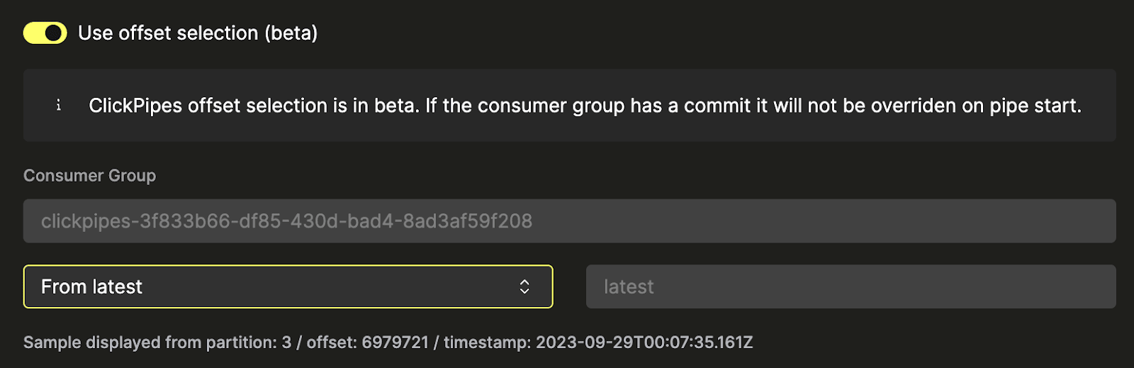 ClickPipes Kafka connector configuration interface showing offset selection options