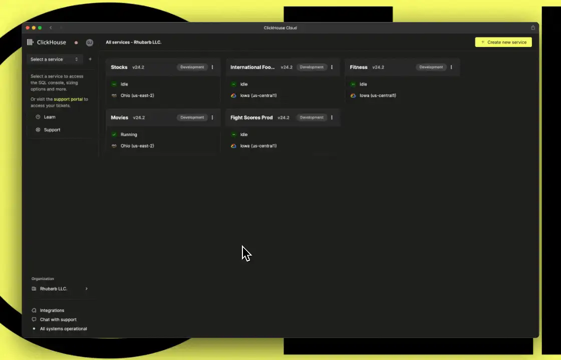 Animation showing the new ClickHouse Cloud console interface with integrated SQL editor and management features