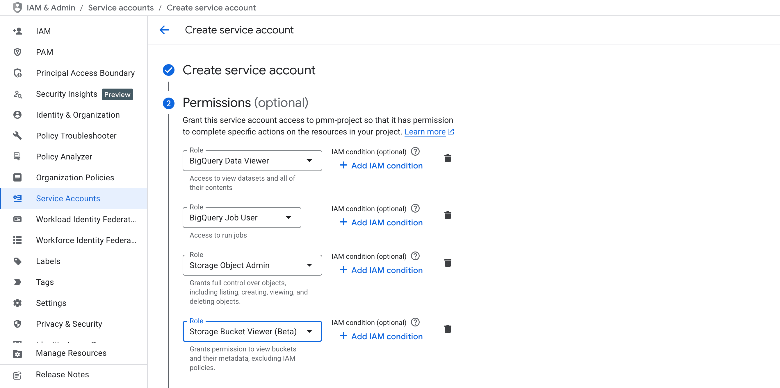 Creating a service account key with BigQuery and Cloud Storage permissions