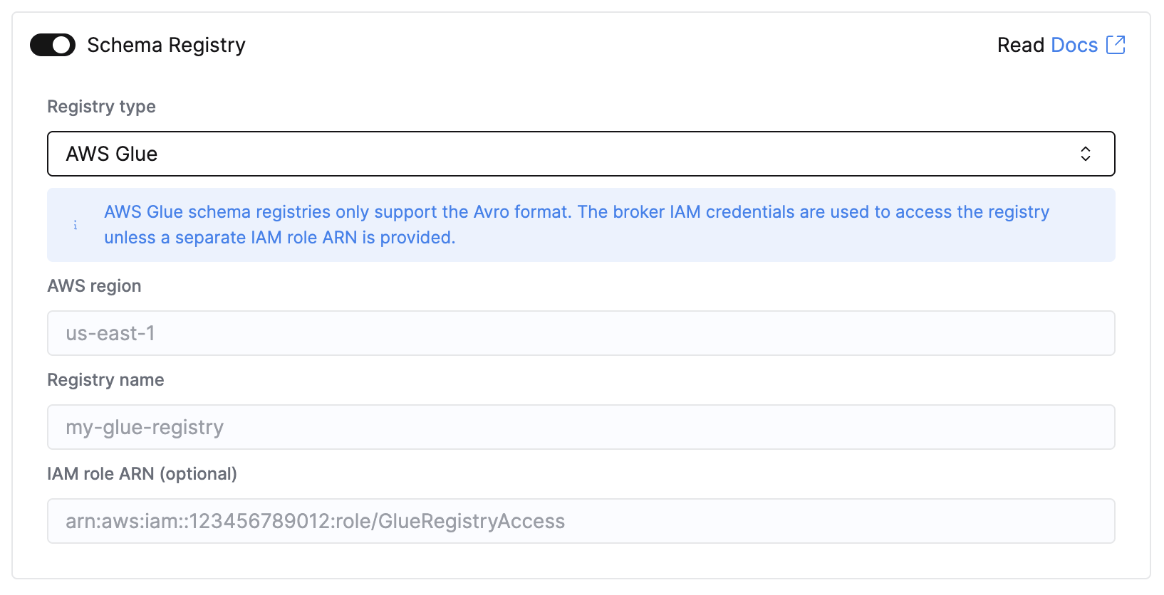 Schema registry panel with AWS Glue selected