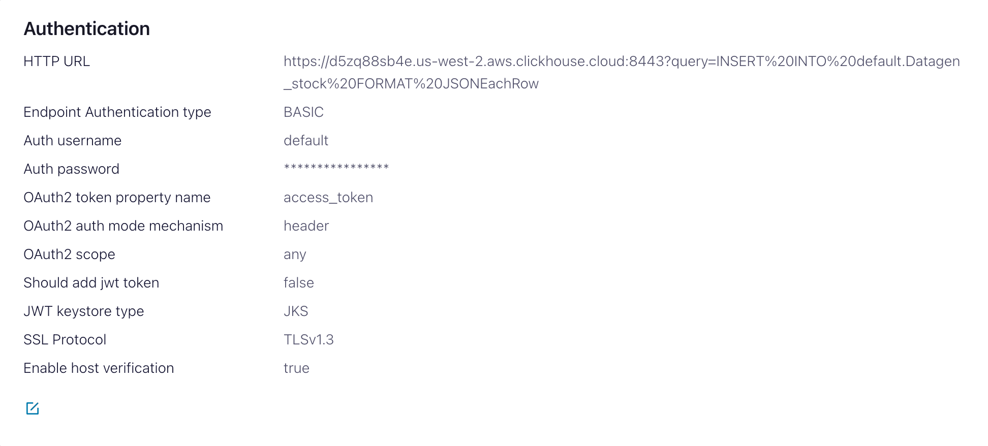 Confluent Cloud interface showing authentication settings for the HTTP Sink connector