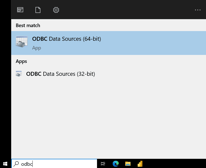 Windows search showing ODBC Data Sources (64-bit) option