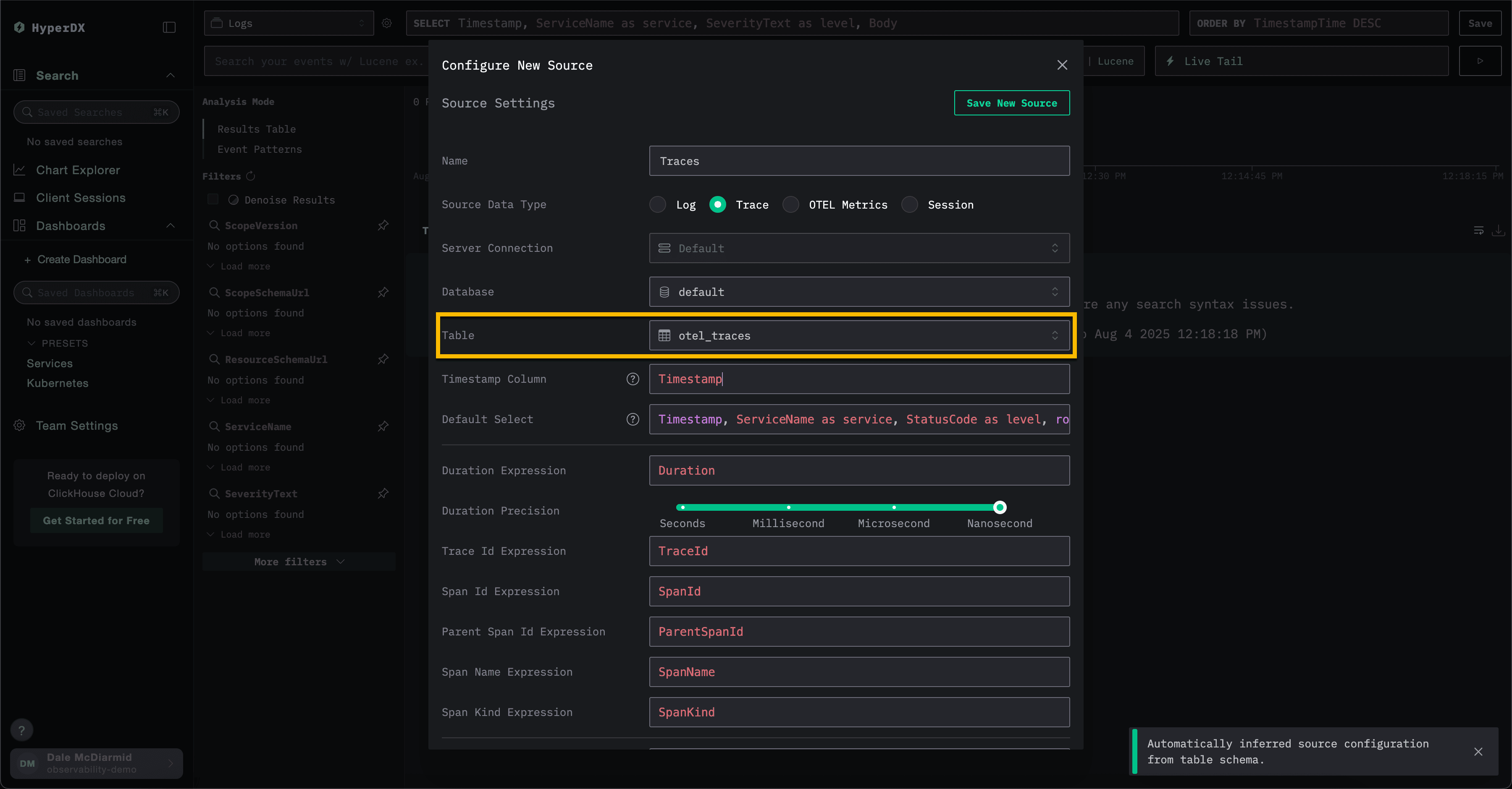 ClickStack create trace source